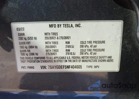 2022 Tesla Model Y Performance Dual Motor All-Wheel Drive z USA, uszkodzony, nr VIN 7SAYGDEF5NF404605